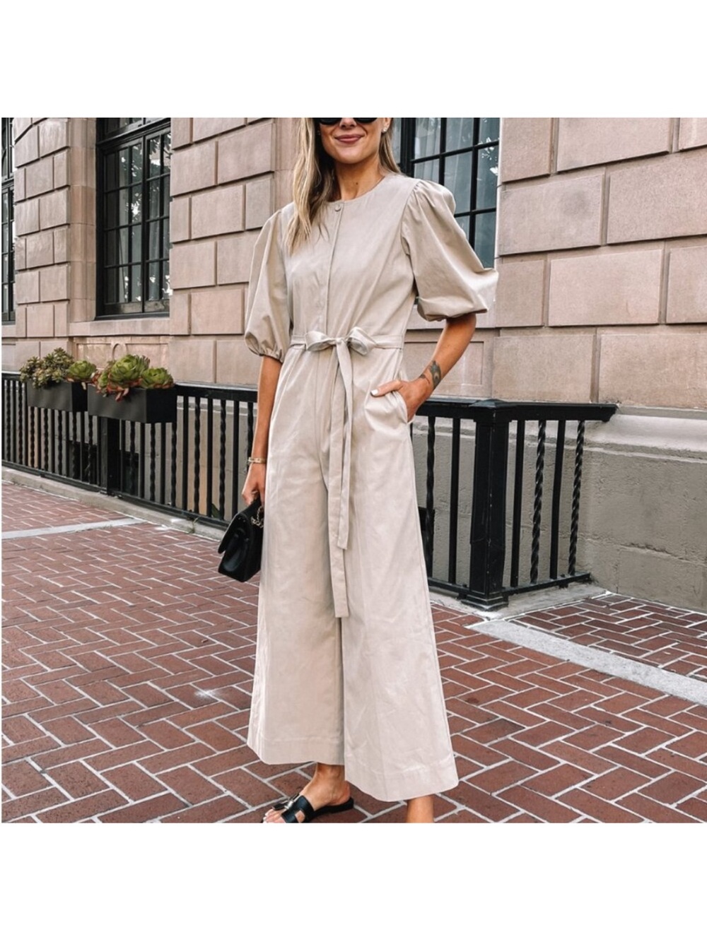 Rebecca Taylor sz 10 Beige Puff Sleeve Wide Leg Jumpsuit with Tie Waist